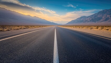 Fototapeta premium Empty highway stretches into a serene mountain vista at sunset