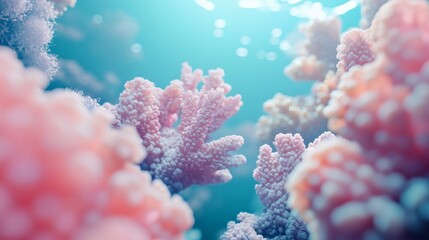 Fototapeta premium Underwater Coral Scene with Soft Pink Reef Background,Generative Ai