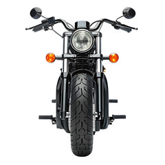 Front view of a classic black motorcycle with chrome details isolated on transparent background