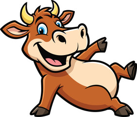 Funny cartoon cow character smiling, happy farm animal illustration, cute cow mascot vector, adorable livestock image, playful bull art, cheerful animal design, clipart