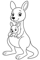: A cute kangaroo with a baby in its pouch, drawn in a friendly black and white cartoon style, perfect for kids to color.