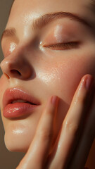 Close-up of a woman applying serum on her face, beauty photography for a magazine ad campaign, soft lighting, skin texture, minimalistic style, beauty product shot, no makeup, high-resolution photogra