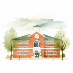 A watercolor illustration of a school building with charming details. Perfect for education or school-themed materials.