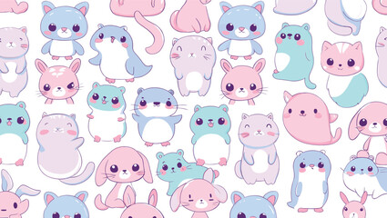 Obraz premium Adorable Pastel Kawaii Animals Seamless Pattern Cute Cats, Bunnies, and Otters Illustration