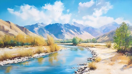 Beautiful painting of a waterfall in serene forest
lake, mountain, landscape, 
