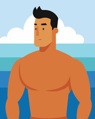 Fototapeta premium Cheerful young man with exaggerated features stands confidently by the ocean, showcasing a vibrant beach scene filled with bright colors and playful atmosphere