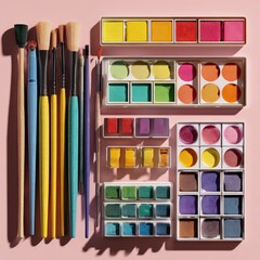 Colorful art supplies arranged on a pink surface
