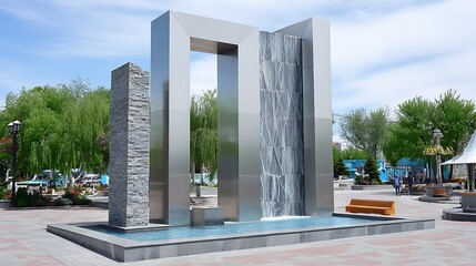 Modern water feature with reflecting panels