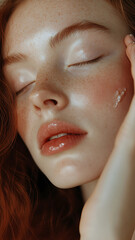 A close-up photo-realistic photo of an attractive european woman face and hand applying cream on the cheek, with closed eyes, against a white background. Soft lighting highlights the facial features 