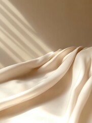 Elegant beige fabric with soft, flowing folds in warm sunlight, creating a serene and luxurious atmosphere.