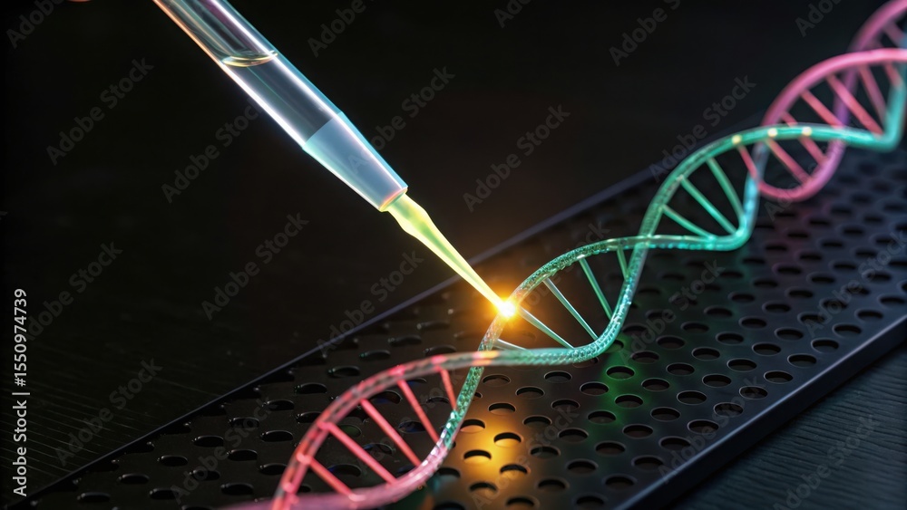 Poster Fluorescent Pipette Dropping Liquid on DNA Model in Laboratory Setting