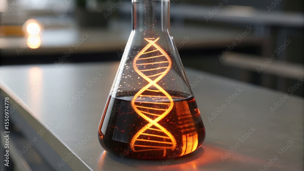 Poster glowing strand of liquid inside glass flask with dna representation