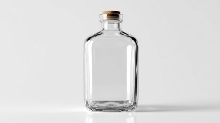 Minimalist clear glass bottle with wooden cap on a white background, perfect for product or packaging design.