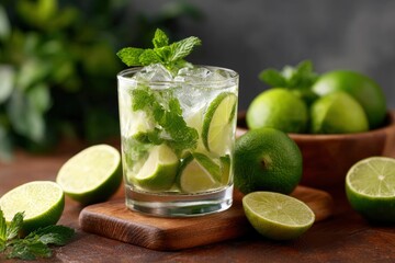 Fototapeta premium A Mojito cocktail in a glass with ice and mint surrounded by limes on a wooden surface