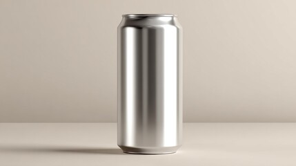Minimalist silver aluminum can on neutral background, ideal for beverage branding.