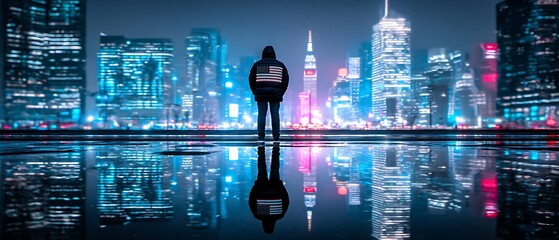 Cityscape at Night, Reflection in Puddle