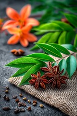 Aromatic spices and flowers on a dark surface