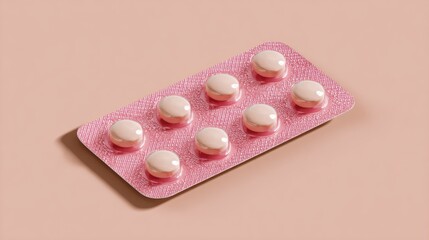Pack of white pills in pink blister pack on peach background, isolated medicine concept.