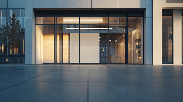 Contemporary Building with Empty Shop Window Mockup and Reflection on Glass Wall