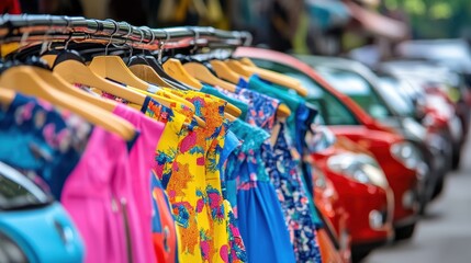 Colorful clothing displayed on racks outdoors.