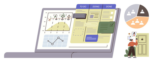 Open laptop screen with analytics, task stages To-Do, Doing, Done, graphs, and team collaboration icons. Ideal for productivity, collaboration, time tracking project planning remote work task © robu_s