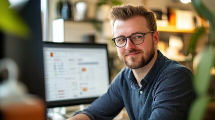 Fototapeta premium Digital Marketer Analyzing Data in Modern Workspace Environment