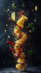 Please generate a photo with a single spiral-like rolled noodle, floating and flying on explosion-like limbo with chili peppers, lemon slices, lemon zest, chunks of tuna in between