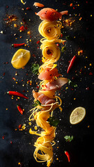 Please generate a photo with a single spiral-like rolled noodle, floating and flying on explosion-like limbo with chili peppers, lemon slices, lemon zest, chunks of tuna in between