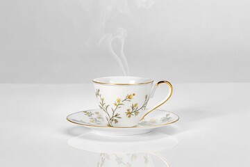 Fototapeta premium Steaming porcelain teacup with gold trim on white background