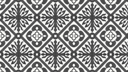 Black and white floral pattern with repeating square shapes in a symmetrical arrangement design style