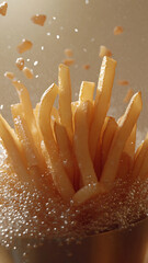 delicious french fries rising from a hot fryer, cinematic, professional food, ultra realistic

