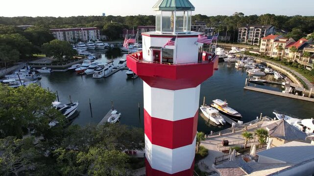 Rising then reverse drone hilton head island south carolina sea pines harbour town early morning