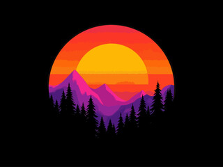 Obraz premium Vintage sunset with retro colors on a black background, featuring a silhouette of small trees in the middle of the design 