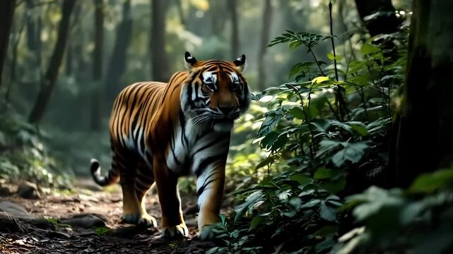 Bengal tiger walking in a lush tropical forest with patchy sunlight and mossy stones underfoot, majestic and wild nature scene