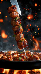 delicious kebab rising from a hot frying pan, and being cut with a sharp knife, with a background of grill fire, cinematic, professional food, ultra realistic

