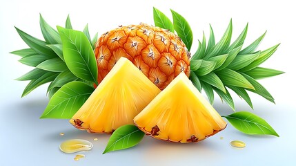 Fresh pineapple slices and leaves