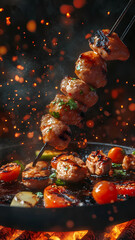 delicious kebab rising from a hot frying pan, and being cut with a sharp knife, with a background of grill fire, cinematic, professional food, ultra realistic

