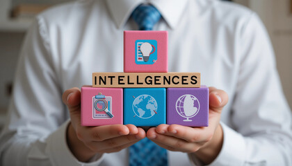 Types of Intelligence and Knowledge Development for Innovation and Global Understanding with colorful wooden blocks.