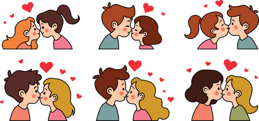 cute cartoon Kissing vector shape and outline with hearts and sparkles around.