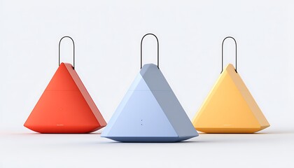 Three triangular speakers in pastel colors