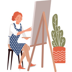 woman painting picture on canvs easel vector hobby icon isolated on white
