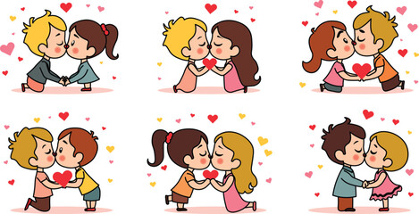 cute cartoon Kissing vector shape and outline with hearts and sparkles around.