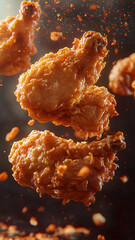 delicious fried chicken with a charming background, floating in the air, cinematic, professional food, ultra realistic