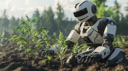 AI Robot Planting Trees in Deforested Area with Technology Assistance
