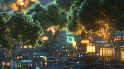 Fototapeta premium Glowing Smart Trees in a Futuristic Cityscape with Technology Vibes