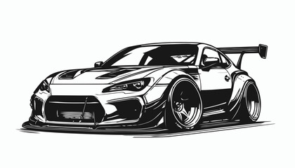Wide Body Sports Car Vector Illustration – Aggressive Stance with Large Spoiler