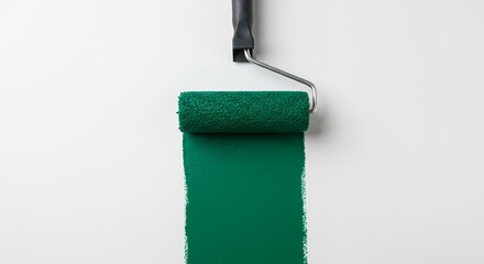 Dark green paint roller on white wall