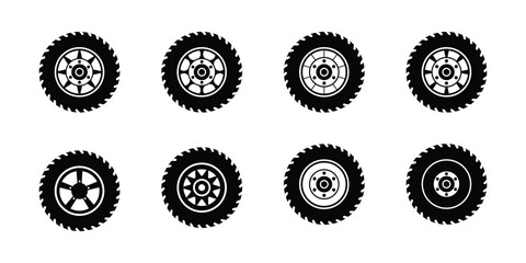 Tires and wheels Vector. Collection of black and white icons of off road vehicle