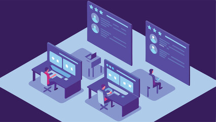 Obraz premium Futuristic cyber office with team working on digital dashboards