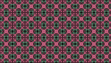 Seamless pattern with stylized floral and geometric elements in pink, black, and teal colors design